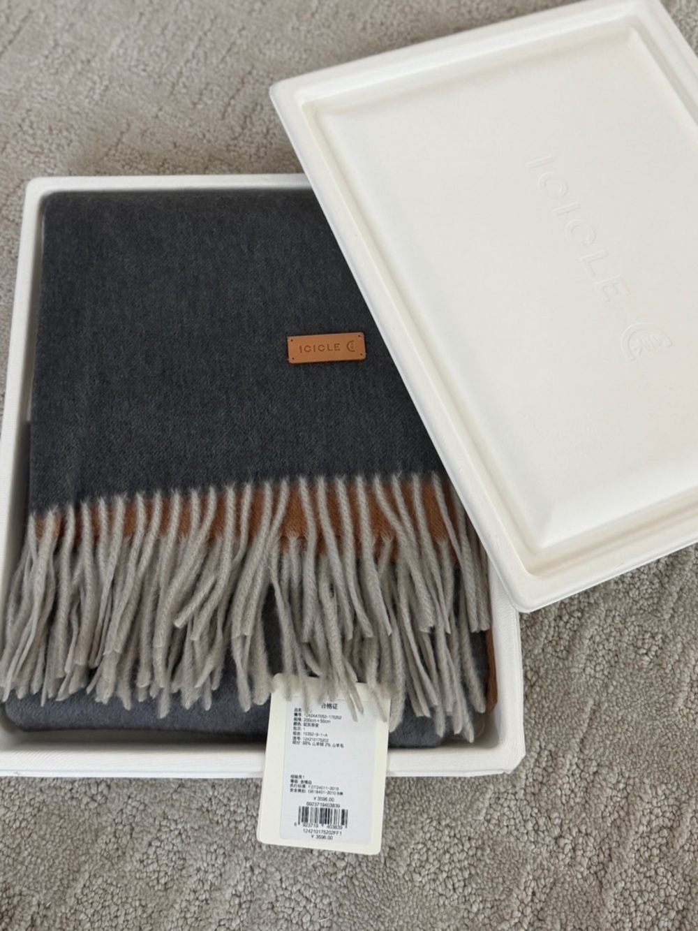 ICICLE Fringed Cashmere Scarf in Charcoal and Taupe